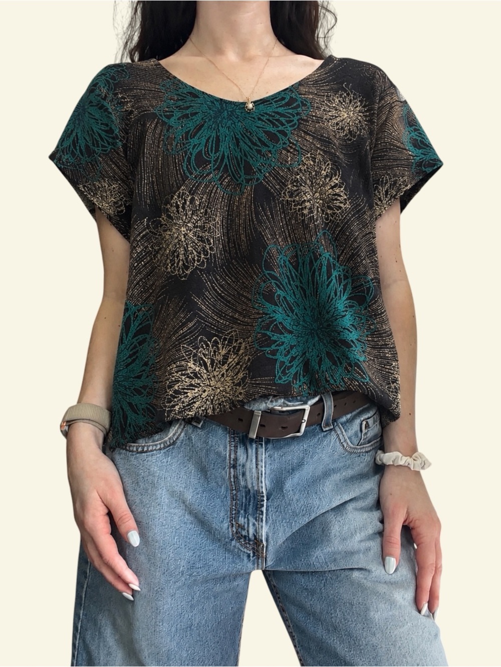 Vintage Y2K Southern Lady Black Teal Floral Blouse Metallic Boho Top XL Petite
